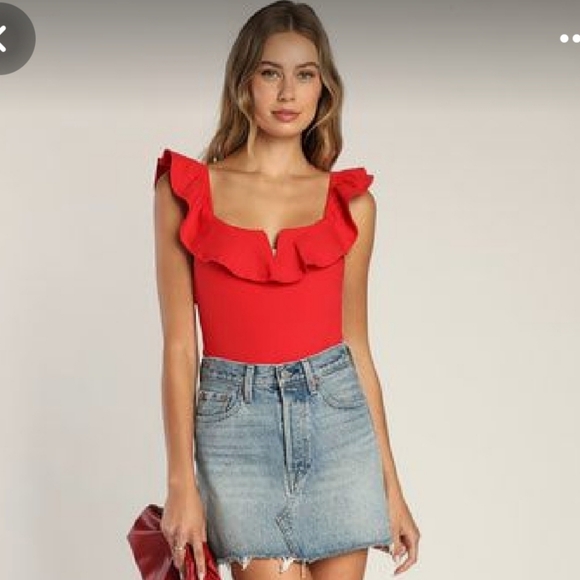 Lulus Tops - Lulus Womens Red Sleeveless Ruffle Neck Bodysuit Top